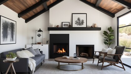 cozy family room with black and white decor with fireplace and wood beamed ceiling with lush...
