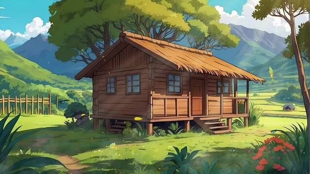 Witness the harmonious beauty of nature in this serene forest scene, featuring a quaint wooden house under the bright sunshine, accompanied by the playful flight of anime-style butterflies in this mes