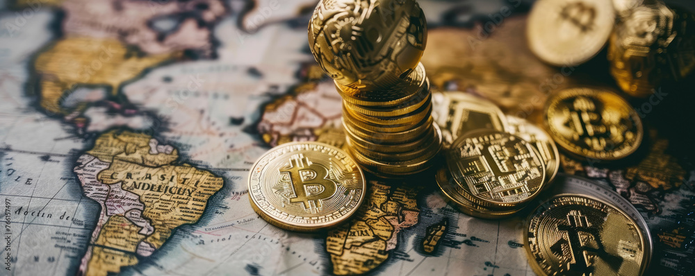 Poster a stack of gold coins and a map of the world. the coins are arranged in a way that they look like th