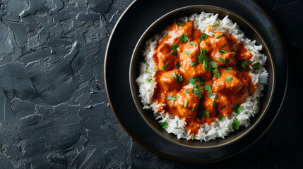 Indian butter chicken. Top view. On dark surface. Meal. Spicey.  - obrazy, fototapety, plakaty