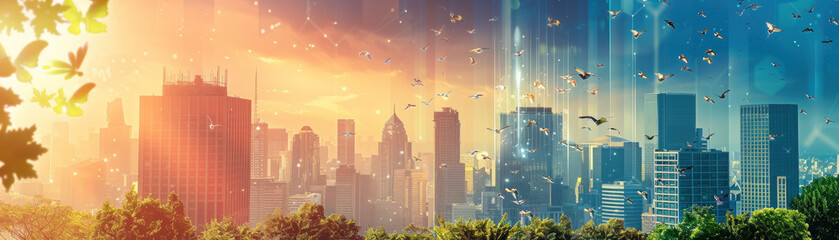 A cityscape with a bright orange sky and a few birds flying in the background. The city is full of tall buildings and the sky is filled with clouds. The birds are scattered throughout the sky - obrazy, fototapety, plakaty