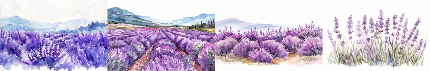 Watercolor painting of a vibrant lavender field with mountains in the background, ideal for backgrounds or text space in wellness and nature-related concepts