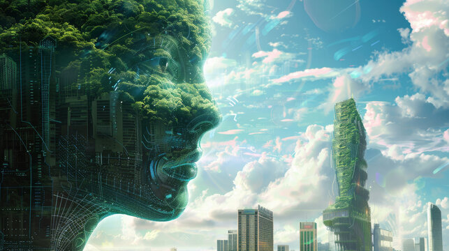 A futuristic cityscape with a large green building in the background. The city is surrounded by a forest, giving it a unique and otherworldly appearance