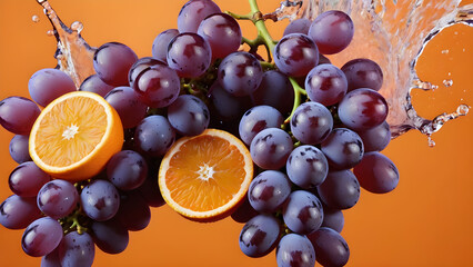orange and grapes on an orange background. for the poster. juice splashes