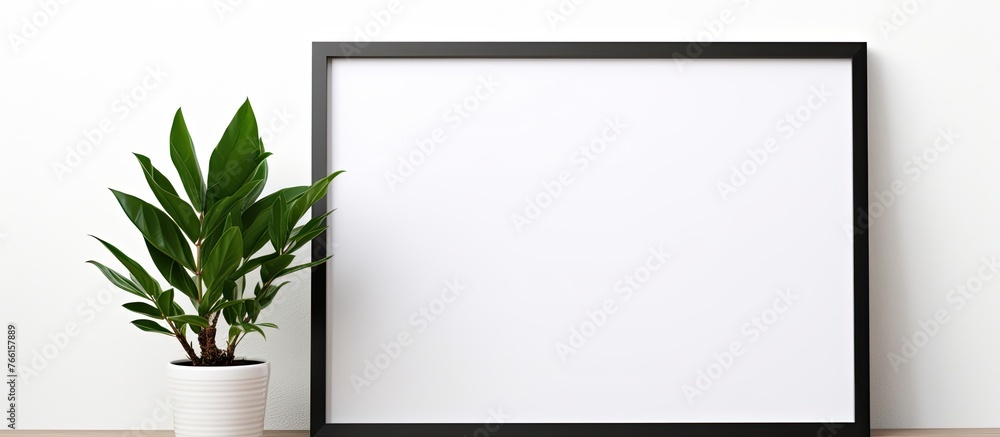Poster a simple wooden table displaying a green plant in a pot next to an empty picture frame