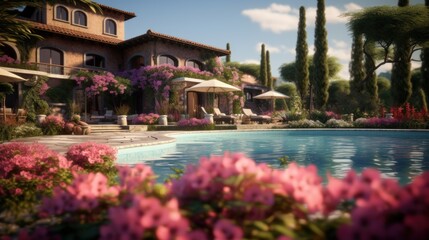 Fototapeta premium Holiday villas with pool on twilight. Holiday concept.