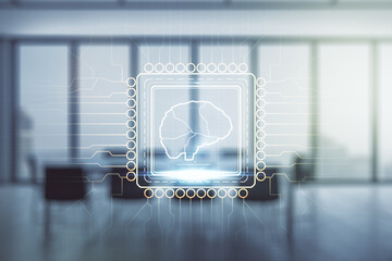 Double exposure of creative human brain microcircuit hologram on a modern boardroom background. Future technology and AI concept