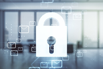 Double exposure of abstract virtual creative lock hologram with email symbols on a modern meeting room background. Information security concept