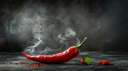 Red Chili. Smoking red chili pepper isolated on dark background. Heat. Hot. Spicey. Chili. - obrazy, fototapety, plakaty