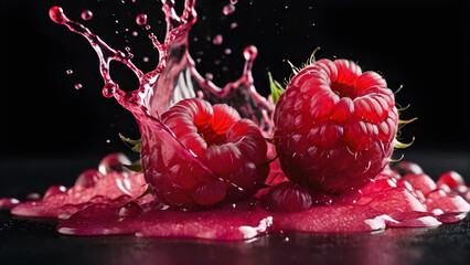 raspberries on a black background. for the poster. juice splashes