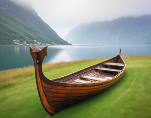Traditional Wooden Viking Boat on Norwegian Lake