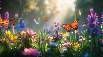 butterfly and flowers - obrazy, fototapety, plakaty