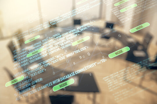 Multi exposure of abstract graphic coding sketch on a modern furnished classroom background, big data and networking concept