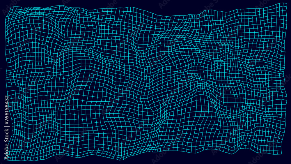 Poster abstract warped wireframe mesh grid. curved surface background. technology grid pattern. distorted m