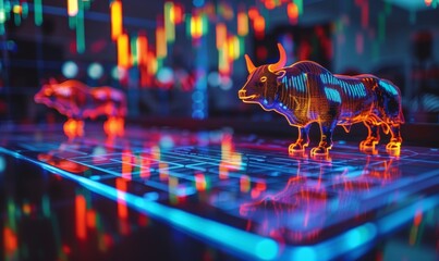 Financial and business candle stock graph chart, Bull vs bear concept, close-up of a glass board with a candlestick chart drawn in fluorescent markers, a bull and bear shadow cast from figurines 