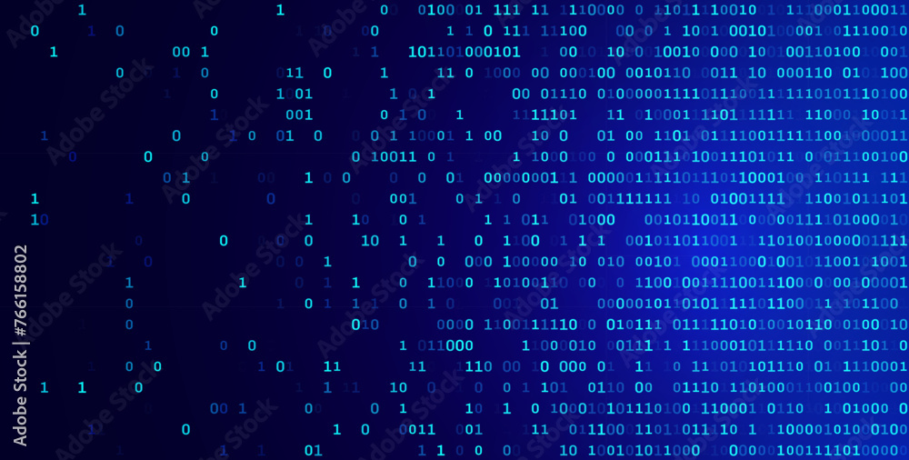 Fototapete Blue Binary Data Software Programming Code Background. Random Parts of Program Code. Digital Data Technology Concept. 1 0 Machine Code. Random Binary Data Matrix Wide Vector Illustration.