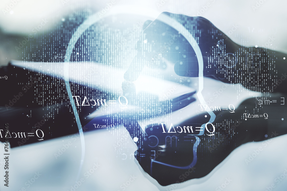 Poster creative artificial intelligence concept with human head hologram and finger clicks on a digital tab