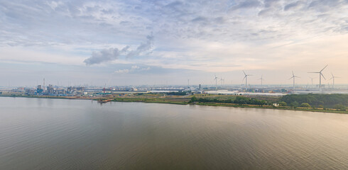 Antwerp, Belgium. Panorama of the city. River Scheldt (Escout). Summer morning. Industrial area. Aerial view