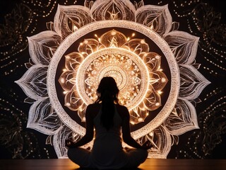 Silhouette of a woman meditating in lotus position with Chakra and light