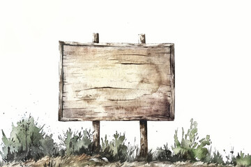 Watercolor illustration of an aged wooden signpost with a blank board for customizable text, amidst rustic desert scenery, ideal for backgrounds or message concepts