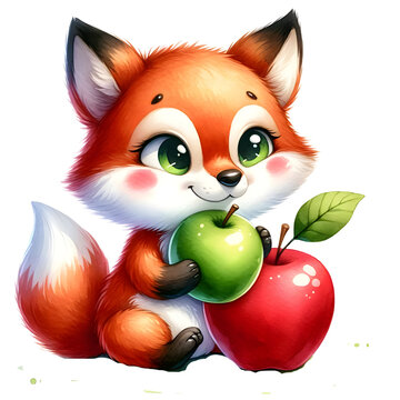 Cute watercolor animal character eating a yummy apple clipart of fox