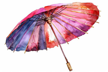 Colorful watercolor painted paper umbrella isolated on white background, providing copy space and suitable for cultural, artistic, and creative design concepts