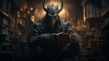 Fototapeta premium Half-human, half-demon monster Who is studying textbooks.