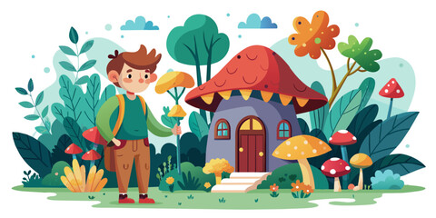 Curious Traveler Discovers Enchanted Mushroom House - Vector Fantasy Scene
