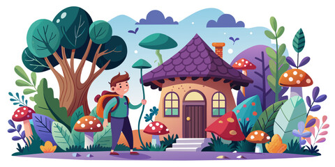 Curious Traveler Discovers Enchanted Mushroom House - Vector Fantasy Scene