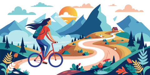 Fototapeta premium Mountain Adventure: Young Girl Cycling Through Breathtaking Landscapes