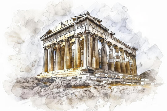 Artistic watercolor rendition of the ancient Parthenon on the Acropolis in Athens, Greece, suitable as a background with space for text on the left