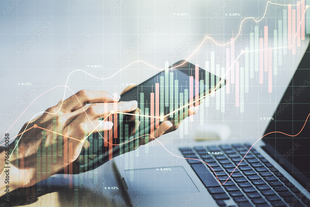 Aufkleber multi exposure of abstract creative financial graph with finger presses on a digital tablet on backg