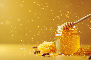 A glass jar of honey with a wooden spoon inside. The jar is on a yellow background with honeycomb and bees.