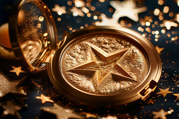 A gold compact powder with a mirror and a puff. The powder has a star-shaped imprint on it. The compact is on a black background with gold glitter and stars. - obrazy, fototapety, plakaty