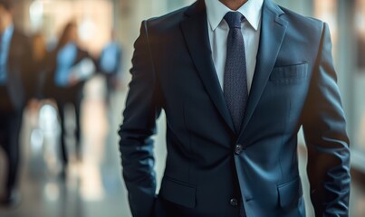 leader businessman in suit in with blured team people in office, successful teamwork and confident manager