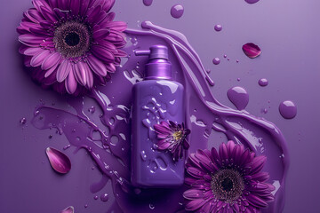 A purple bottle of body lotion with a flower on it. The bottle is on a purple background with lotion swirls and petals.