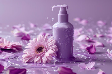 Obraz na płótnie Canvas A purple bottle of body lotion with a flower on it. The bottle is on a purple background with lotion swirls and petals.