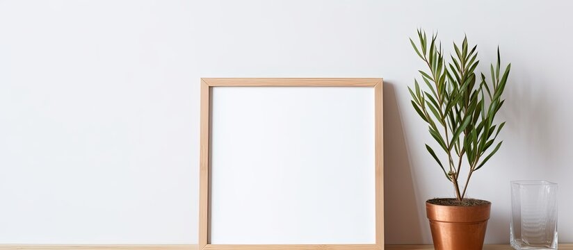 An empty picture frame is placed next to a green plant in a pot on a rustic wooden table
