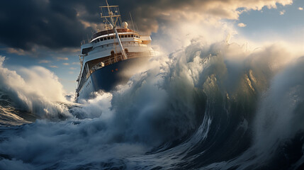 a ship facing a giant wave in the middle of the sea - obrazy, fototapety, plakaty