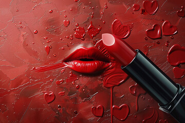 A red tube of lipstick with a kiss mark on it. The tube is on a red background with lipstick smears and hearts.