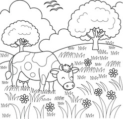 Cute kawaii a cow is grazing on the meadow cartoon character coloring page vector illustration