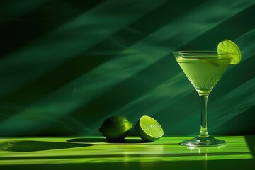 Cocktail with a slice of lime in a glass on a green background with copy space