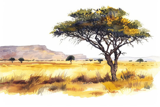 Watercolor illustration of a serene African savanna landscape with acacia trees and distant hills, ideal for backgrounds or environmental concepts
