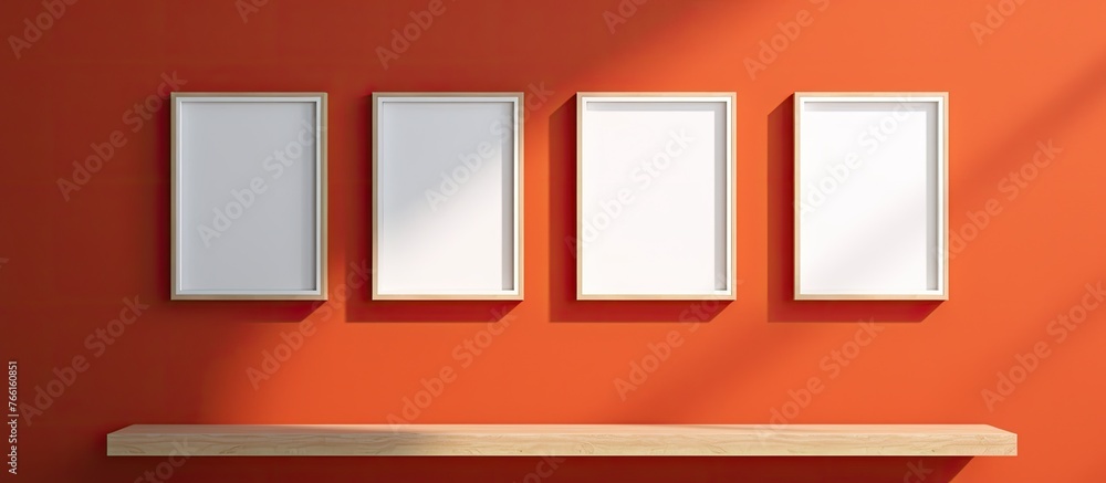 Poster there are four white frames displayed on a red wall next to a wooden shelf, creating a modern art fi