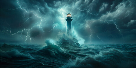  Lighthouse in the middle of the ocean, big waves and storm around the light house, dark clouds, lighthouse sunken by ocean and sea.  generative ai 