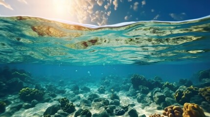 Fototapeta na wymiar Underwater shoot of an infinite sandy sea bottom with waves on a sea surface