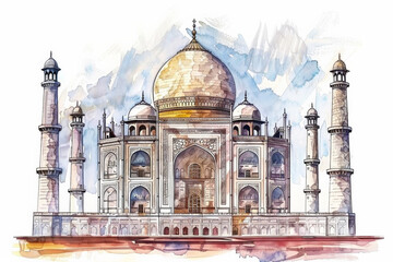 Watercolor illustration of the Taj Mahal with artistic brush strokes, perfect for travel and cultural exploration themes, with space for text on the sky