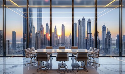 Elegant Conference Room Overlooking Sunrise Cityscape