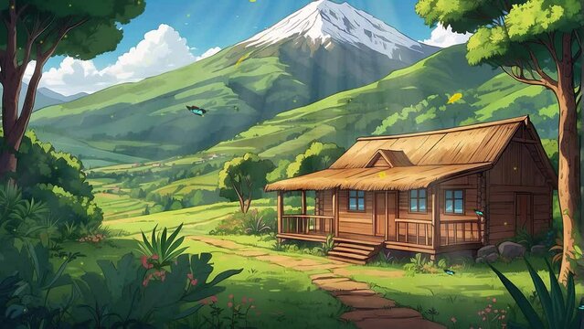 Journey into the heart of nature as you observe a charming wooden house nestled among the trees in the forest, animated by the delightful presence of anime-style butterflies in this captivating 4K vid