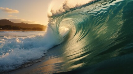 tsunami wave approaching the shore, symbolizing the danger of seismic sea waves - obrazy, fototapety, plakaty